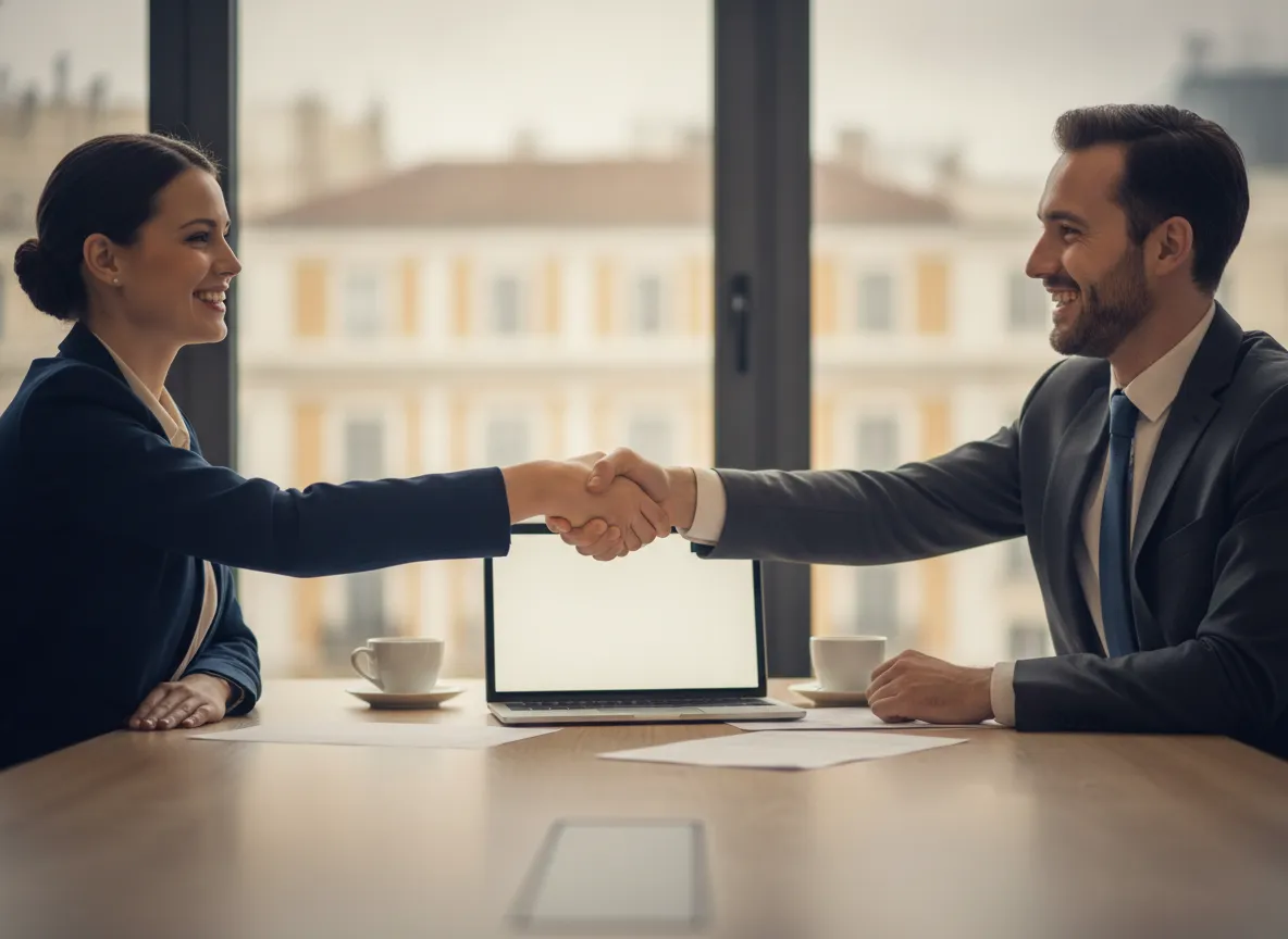 Two executives shaking hands across a meeting table