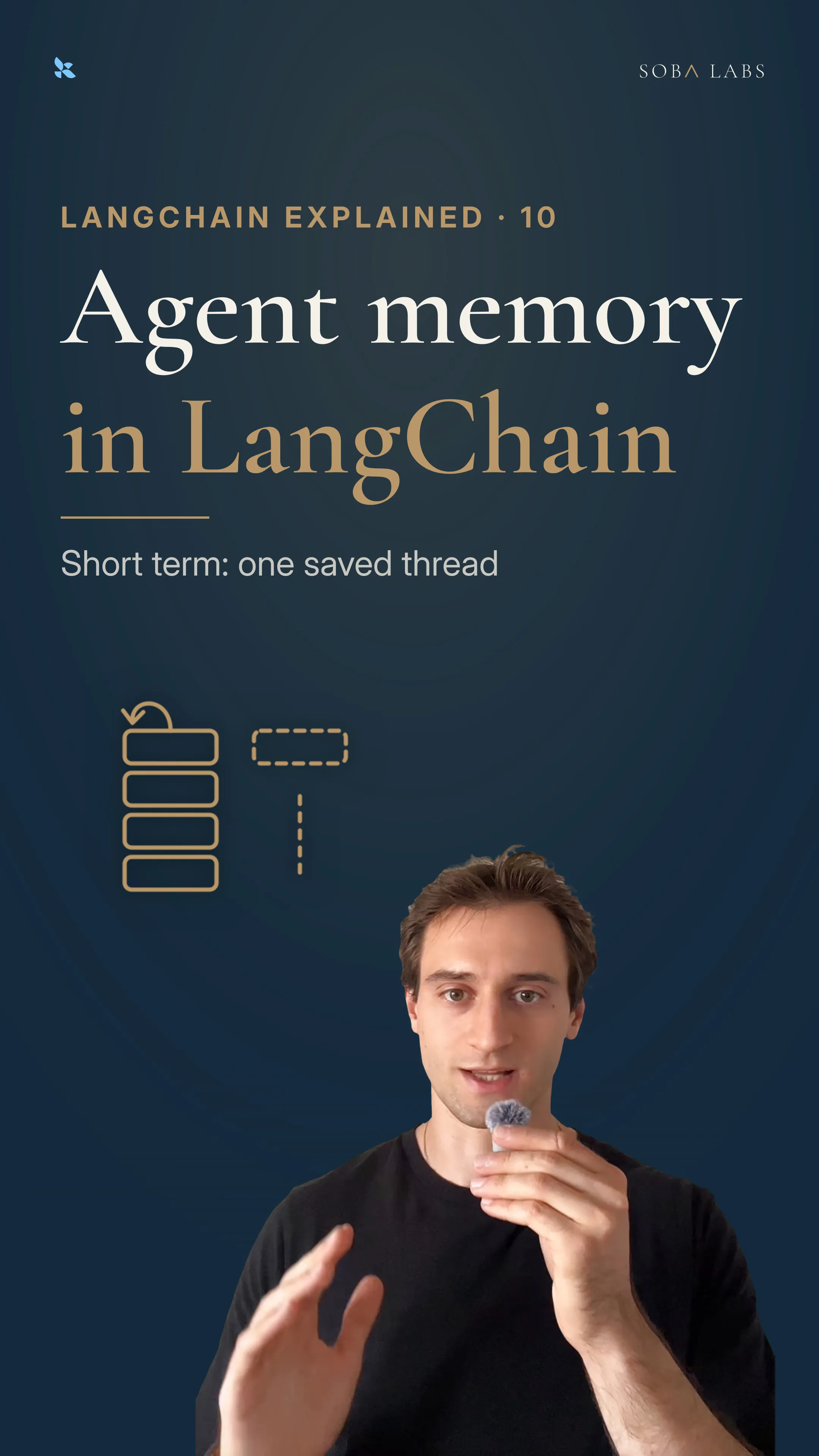 Navy thumbnail: Short term memory in large serif type, a gold line drawing of one conversation thread looping back and a second empty one, and Simon to the right