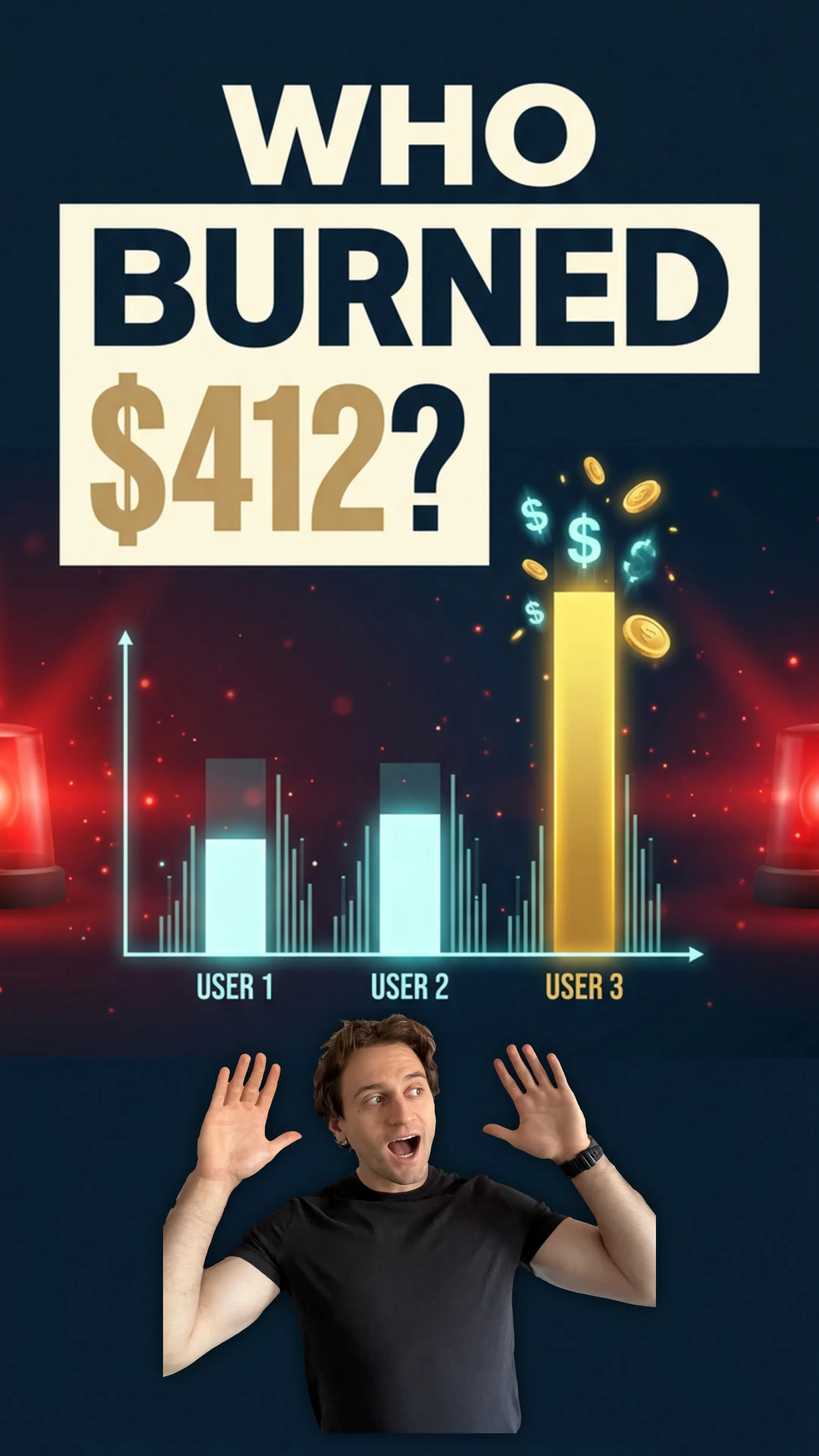 Navy thumbnail: WHO BURNED $412? over a bar chart where one gold user bar towers over two short ones, and Simon below with hands raised in surprise