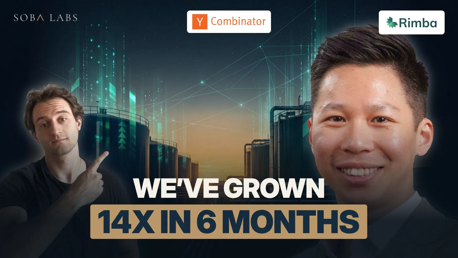Episode thumbnail: Simon Budziak points at Timothy Daniel beside the Y Combinator and Rimba logos, over the headline We've grown 14x in 6 months