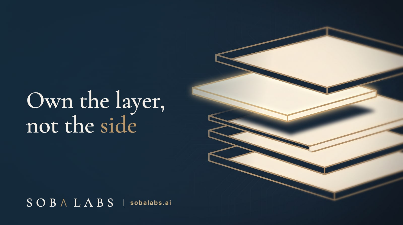 Title card reading Own the layer, not the side. A navy background with a stylized stack of four horizontal slabs outlined in thin gold, three of them filled with a soft cream glow and one slab in the middle lifted clear of the stack and held slightly apart, showing that a single layer can be pulled out and replaced without disturbing the others.