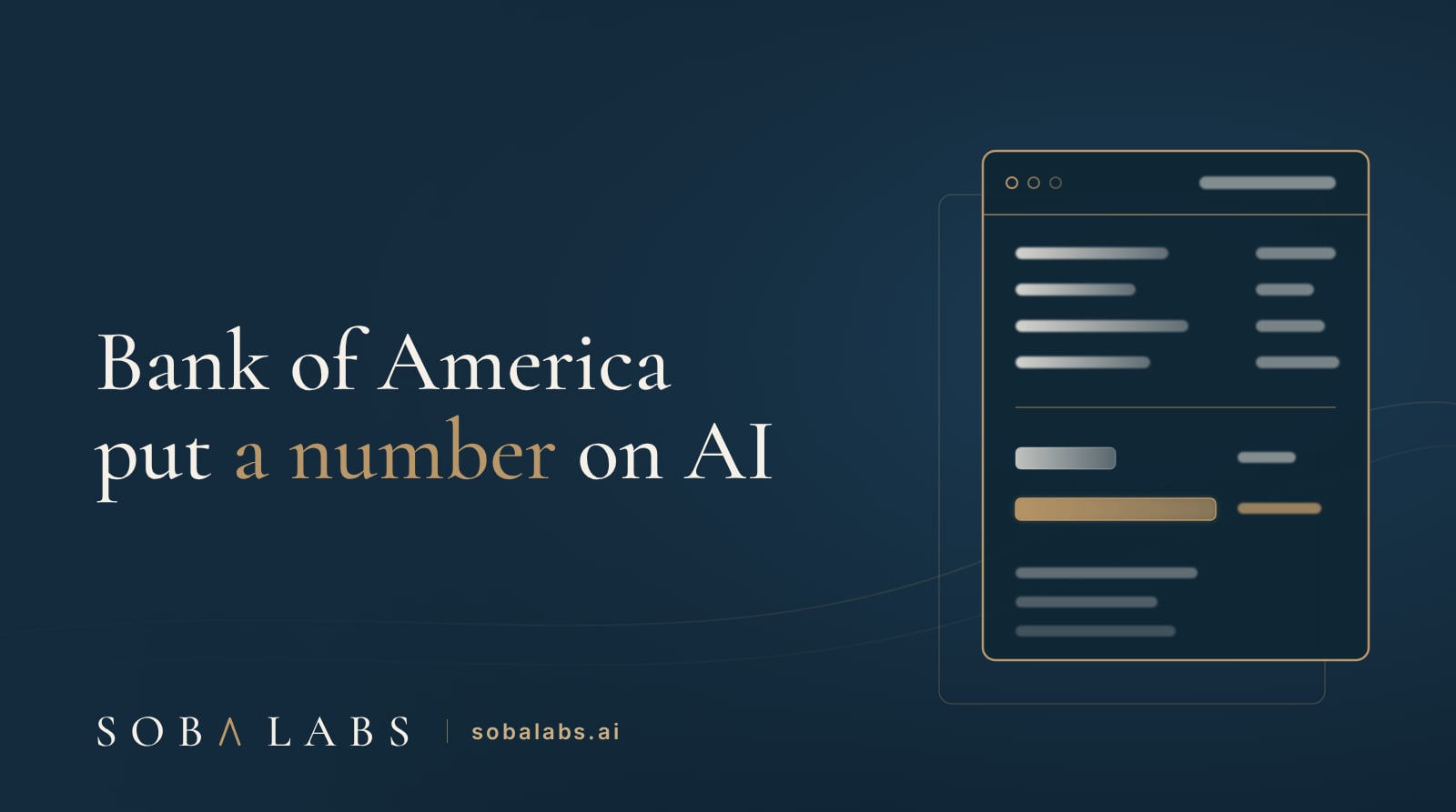 Title card reading Bank of America put a number on AI, beside a gold-outlined ledger window of glowing entry bars where a gold return bar runs twice the length of the cream spend bar above it.