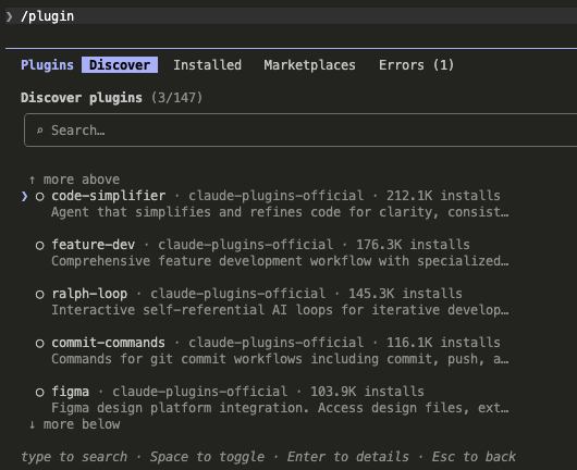 The Claude Code plugin browser open on the Discover tab, listing official plugins with their install counts and a search field at the top.