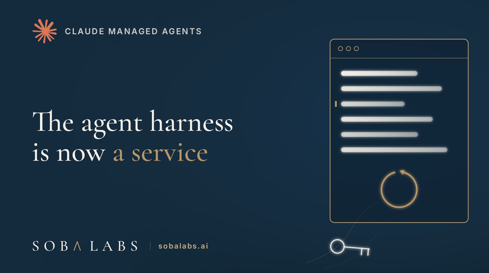 Title card reading The agent harness is now a service, with the Claude Managed Agents mark top left and a gold-outlined session window streaming glowing event rows around a loop, one key resting outside the frame.