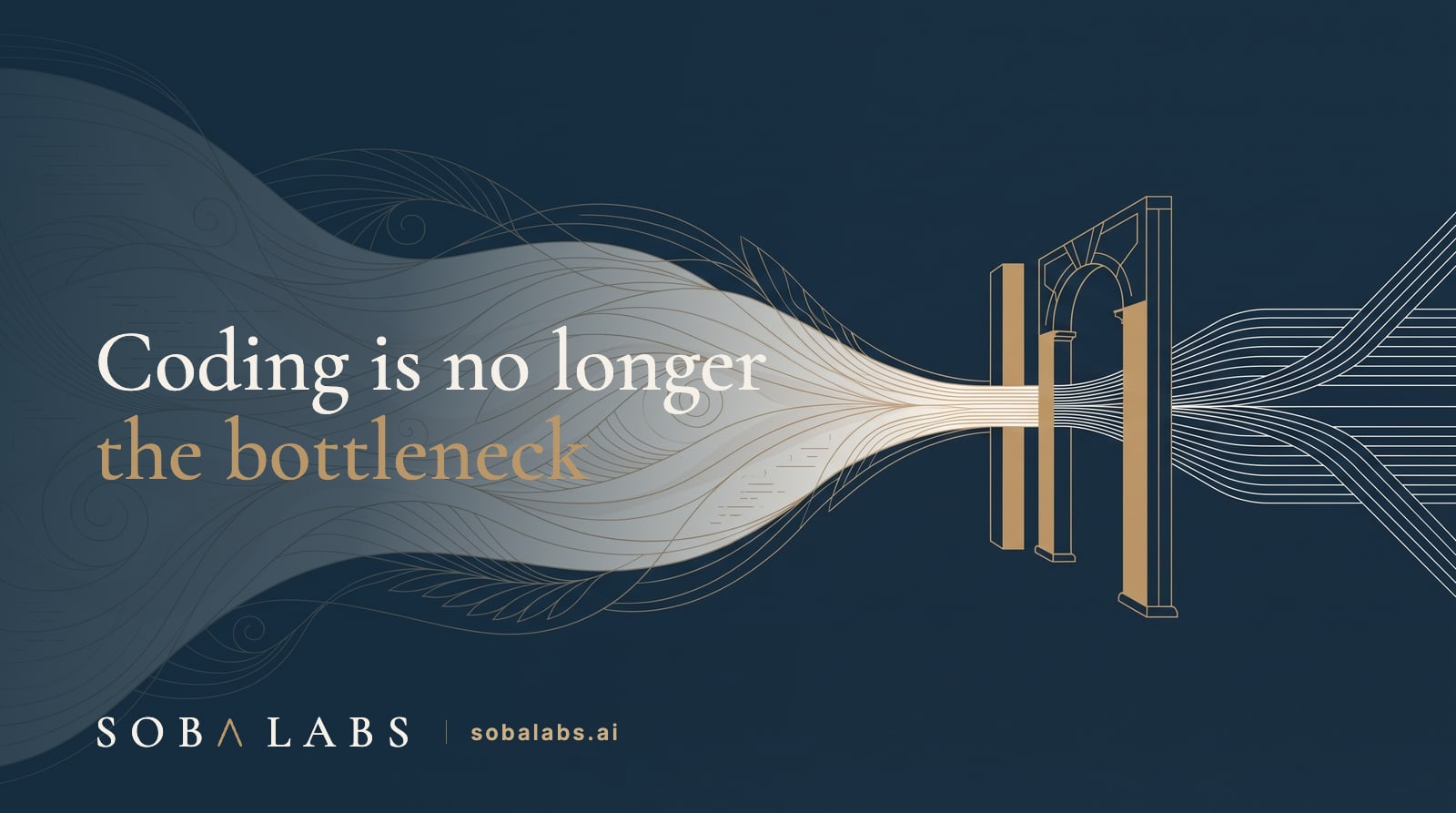 A vast stream of generated code flows in from the left and narrows into a single gold gate held by architectural columns, where architecture, verification, security, and quality become the binding constraints.