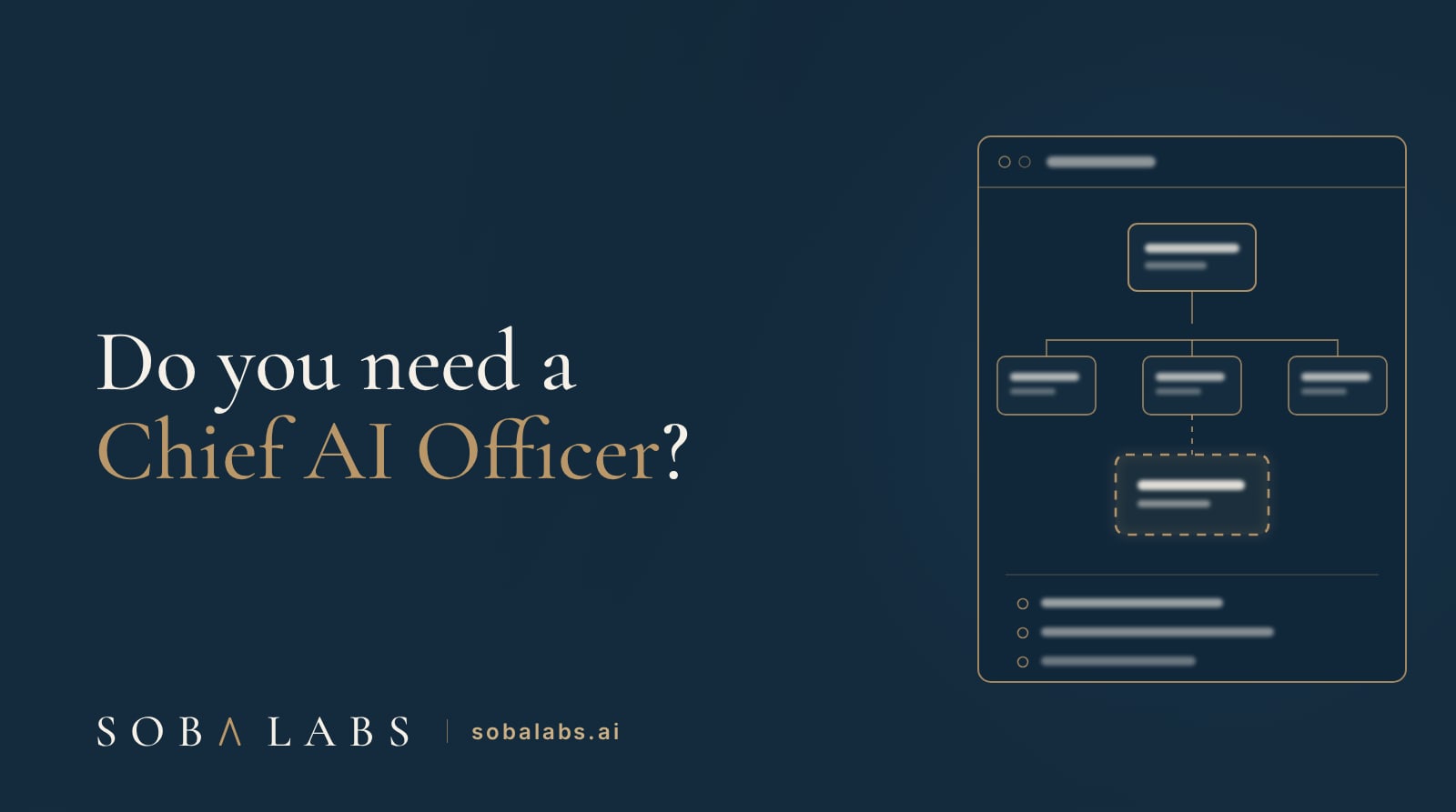 Title card reading Do you need a Chief AI Officer?, with a gold-outlined org chart window on navy showing an executive box above a row of three, and a dashed glowing vacant seat waiting below them