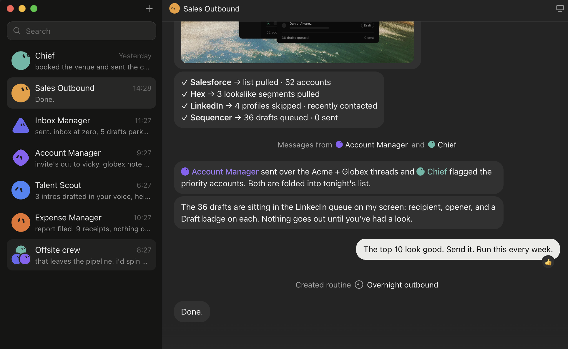 The Grok Bot desktop app: a sidebar of named bots including Chief, Sales Outbound, Inbox Manager, Account Manager, Talent Scout and Expense Manager, and a thread in which the Account Manager and Chief bots hand work to the Sales Outbound bot, which reports pulling accounts from Salesforce and queueing 36 drafts with none sent pending review