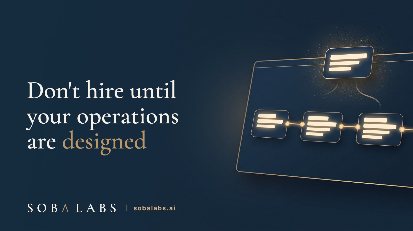 A navy panel holding a chain of four connected nodes joined by glowing gold lines, with a fifth node floating above it, unattached, its would-be connectors fading into nothing.