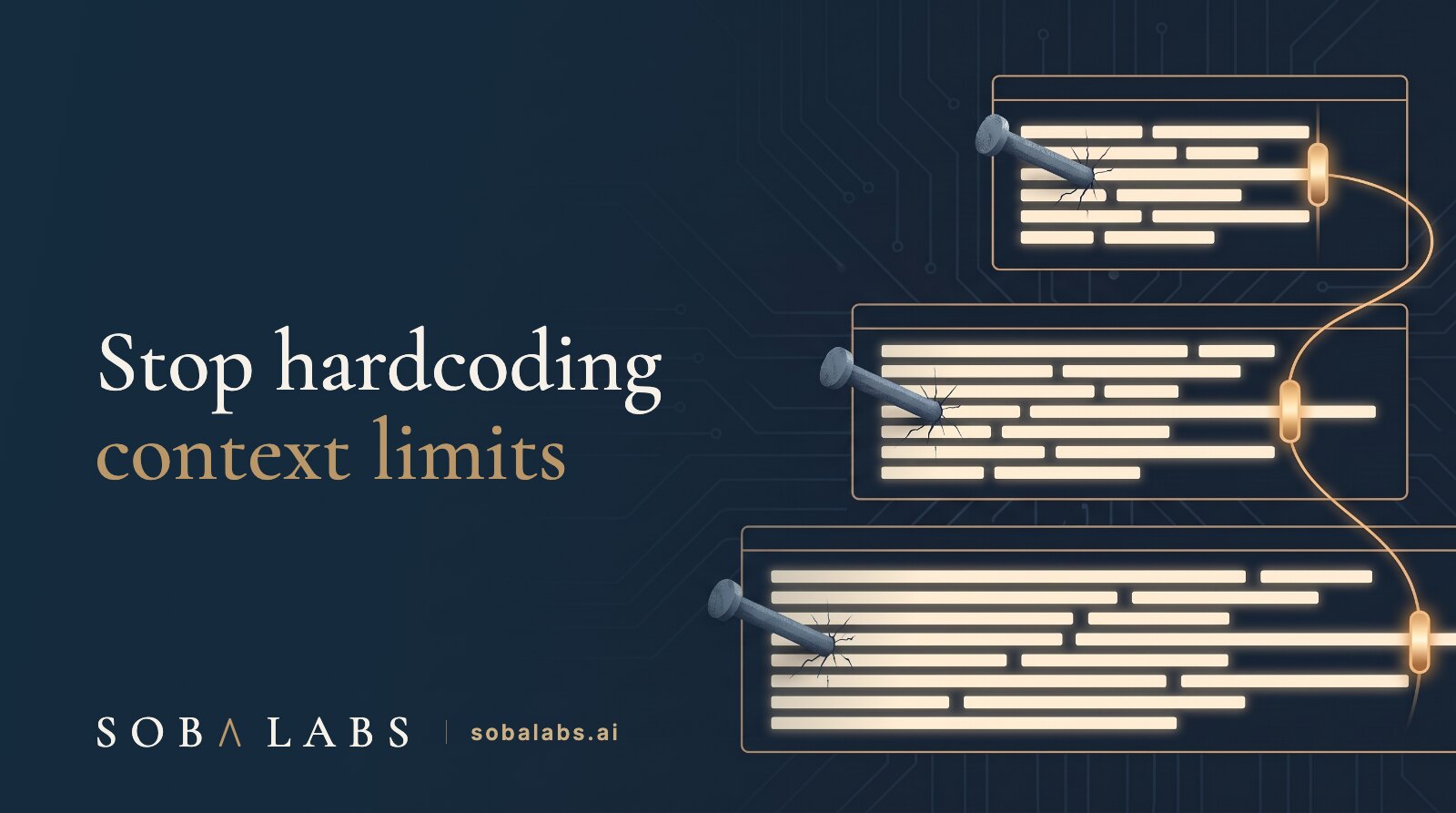 Three stylized terminal windows of increasing width on a deep navy field with circuit traces. An identical dull grey iron nail is hammered into the same spot near the left edge of each one, cracking the glowing cream text around it, while a luminous gold slider sits four fifths of the way along each window's own width, the three sliders linked by a fine gold thread.