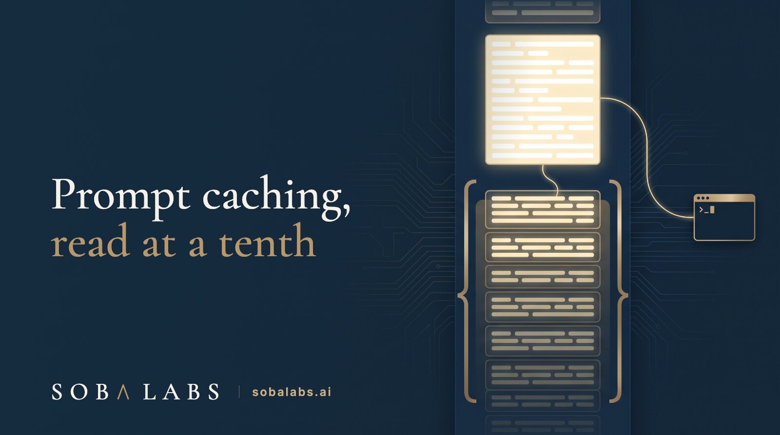 Title card reading Prompt caching, read at a tenth. A stylized navy stack of identical document panels, the lower ones dimmed and compressed into a single stored block wrapped in a gold bracket, with one bright new panel above it and a thin gold thread running from both out to a small terminal window.