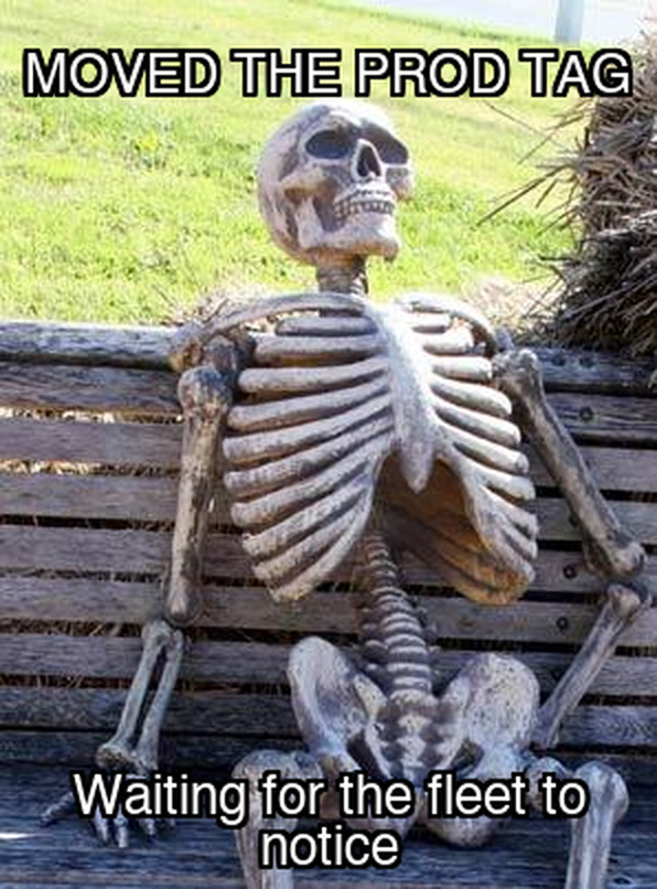 Waiting Skeleton meme. A skeleton sits slumped on a weathered park bench, captioned Moved the prod tag at the top and Waiting for the fleet to notice at the bottom.