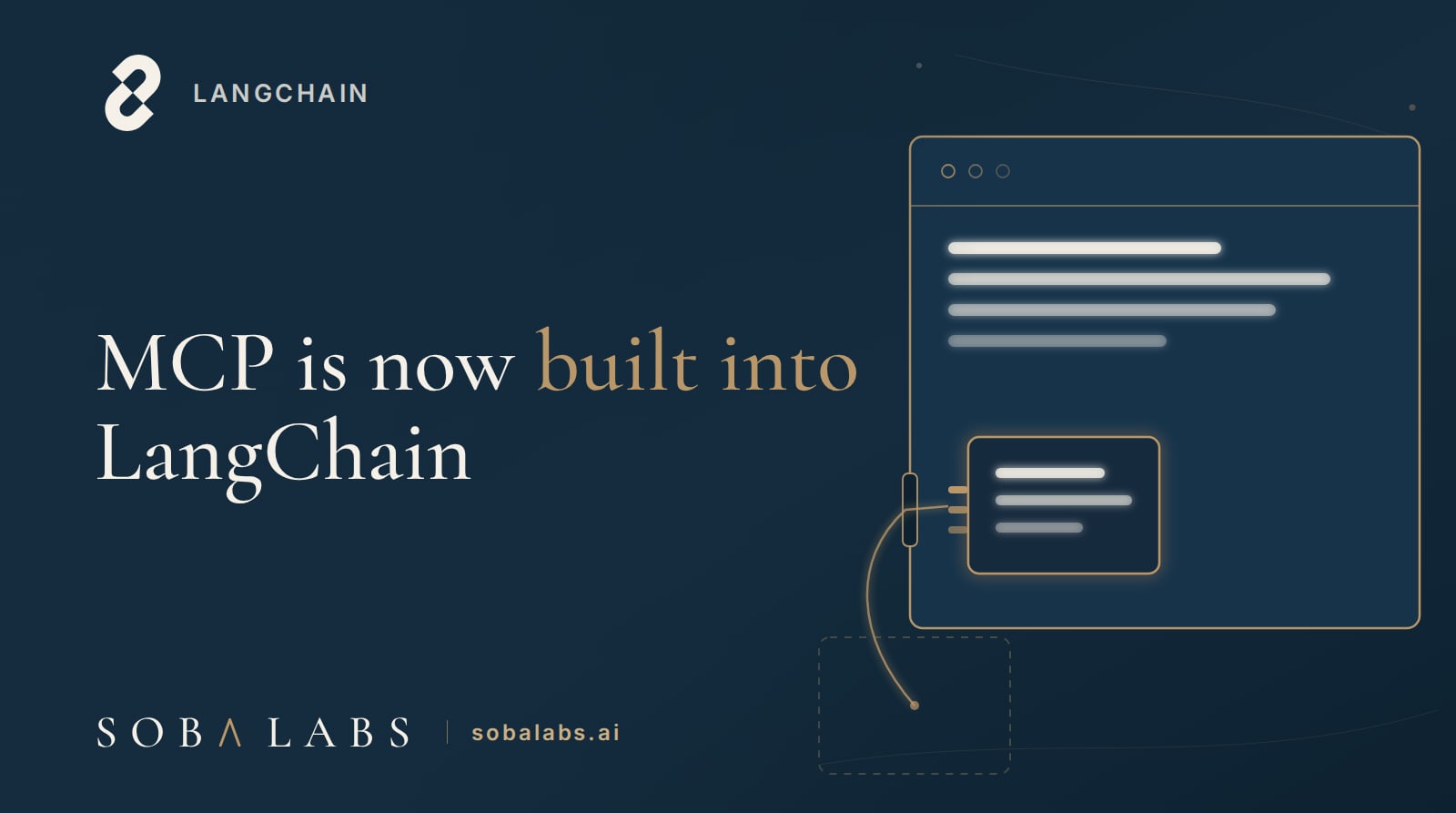 Title card reading MCP is now built into LangChain, with a gold-outlined application window on navy receiving a small adapter module along a gold thread, and a faded dashed outline behind it marking where the external package used to sit.