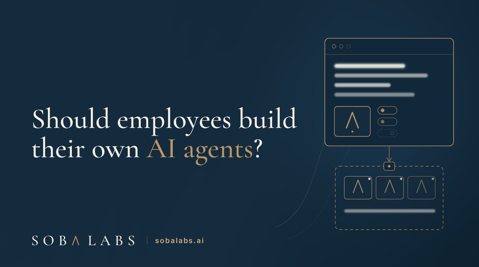 Title card reading Should employees build their own AI agents, with a gold-outlined builder window on navy assembling a small agent card, three more small agent cards queued behind a dashed gold gate at its side.