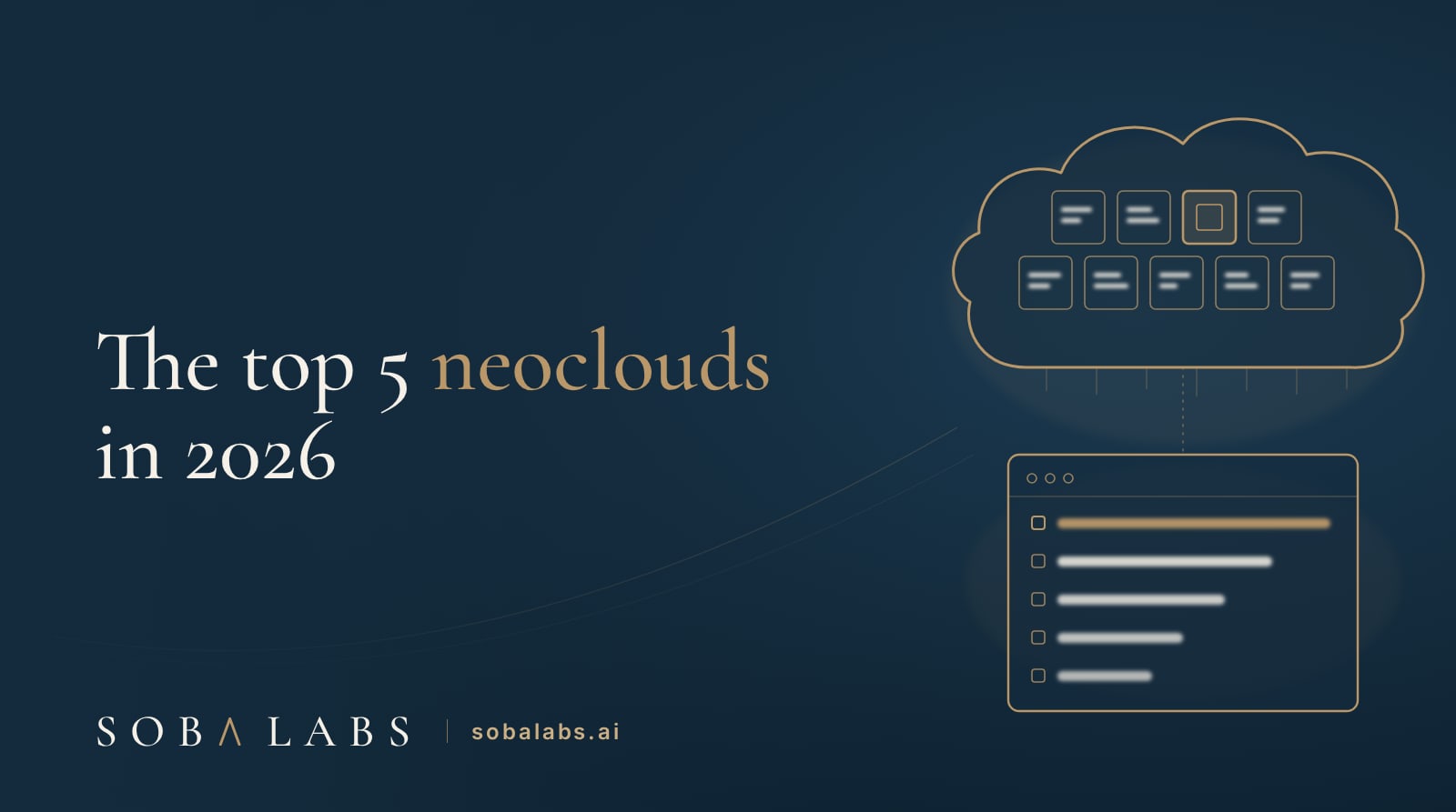 Title card reading The top 5 neoclouds in 2026, with a gold-outlined cloud filled with GPU chips glowing with cream pseudo-text, feeding a ranked window of five descending bars, on a navy panel.
