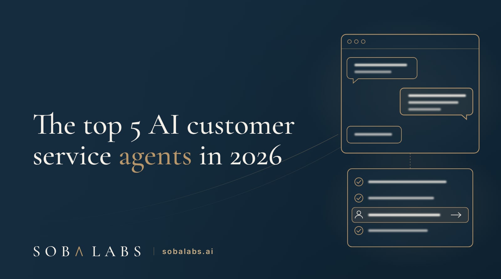Title card reading The top 5 AI customer service agents in 2026, with a gold-outlined chat window of cream message bubbles above a ticket queue where three rows carry gold check marks and one is handed to a person, on a navy panel.