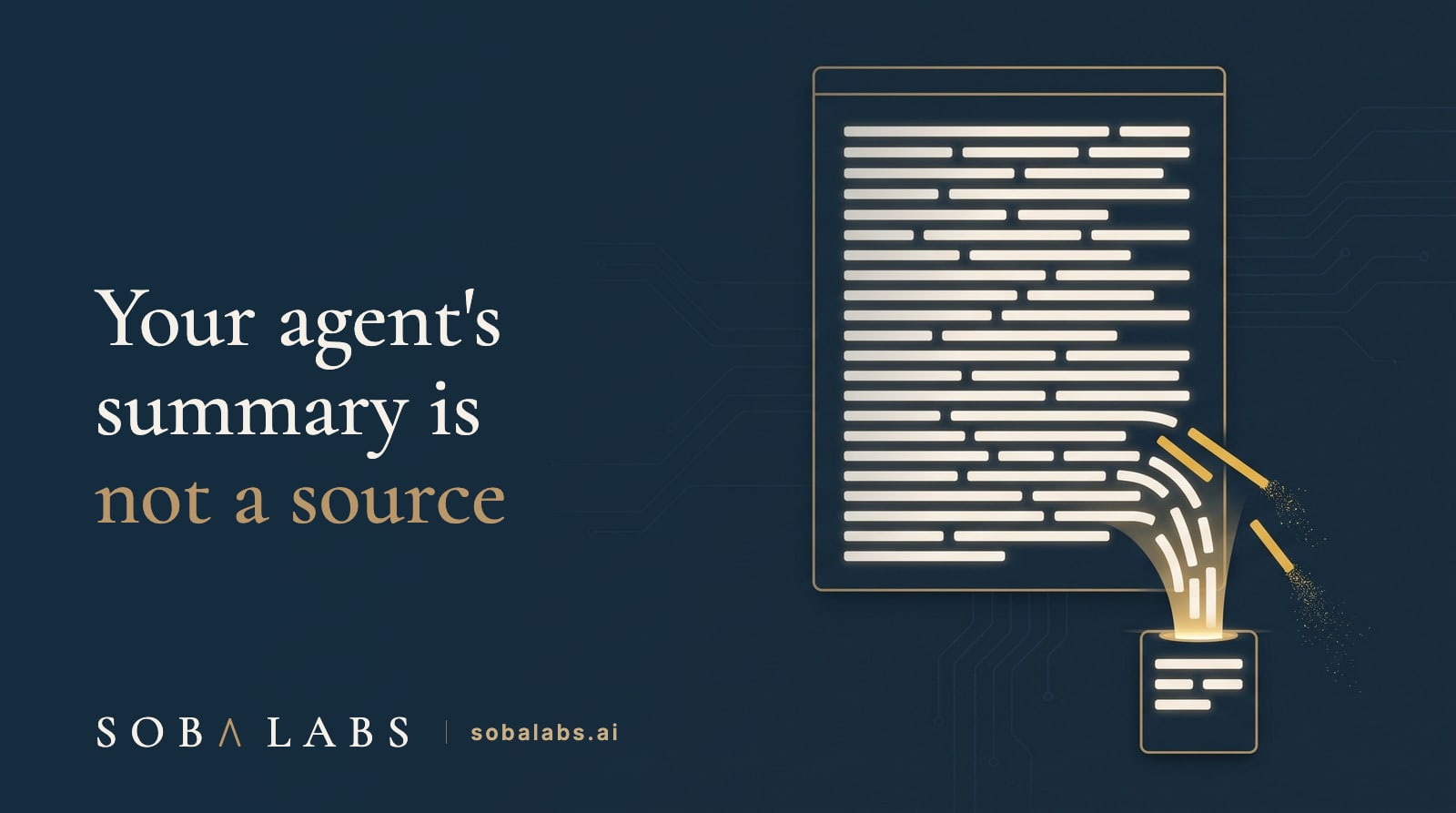A tall navy window filled with glowing cream text bars narrows through a gold funnel into a small summary card. A few bars marked in gold fall out of the stream before reaching it and dissolve into dust.